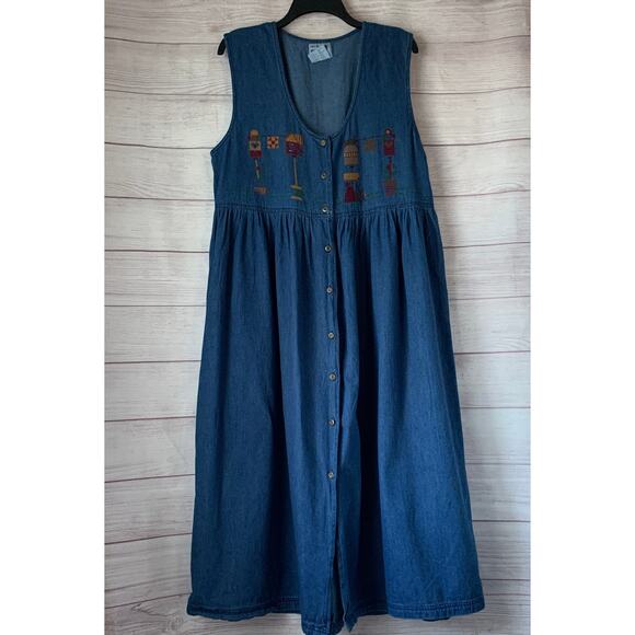 That's The Way To Go Always Innovative Denim Jean Dress Embroidered Birdhouse L - Picture 1 of 16